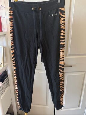 bebe Black Joggers with Tiger-Print Side Stripes